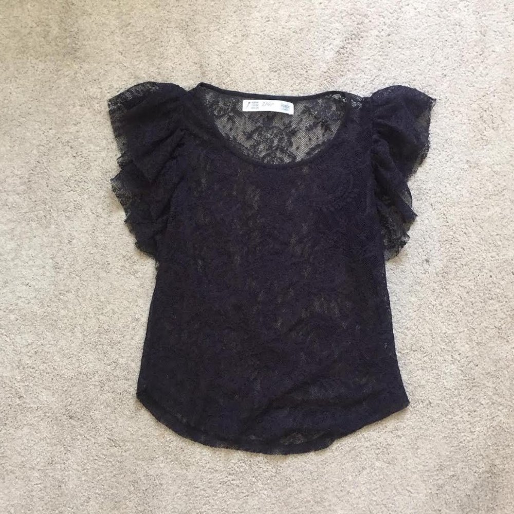 Zara Basic - Lace Top with Puff Sleeve - Size M